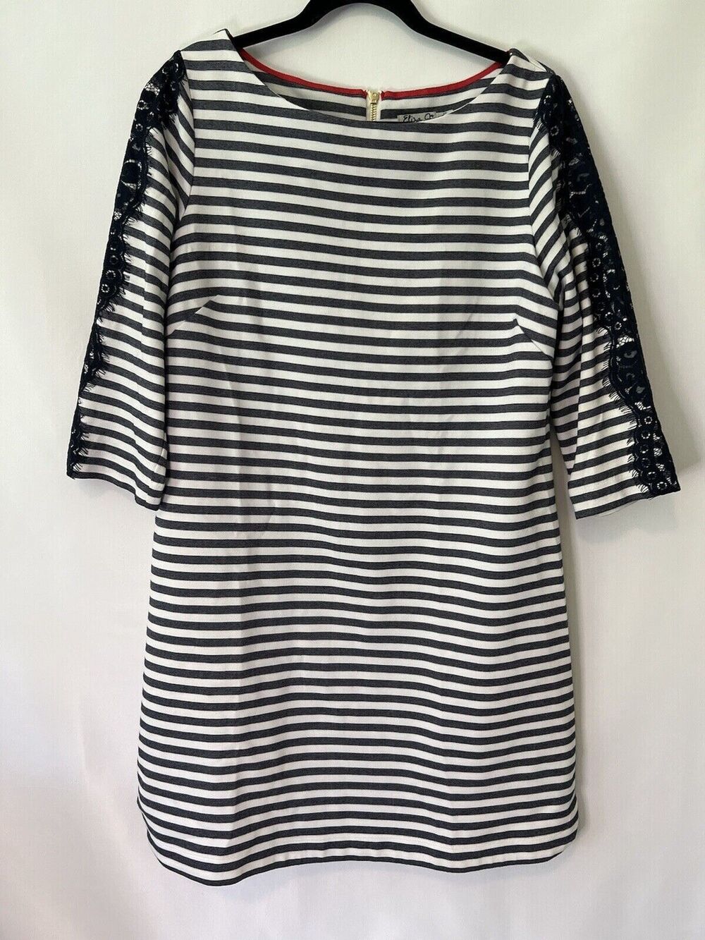 Eliza J Dress Womens Size 12 Blue Lace Navy & White Striped Shift Nautical